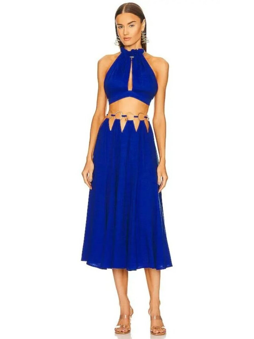 Cult Gaia Idris Royal Blue Linen Blend Mini Dress W/ Gold O-Ring Detail, Size XS